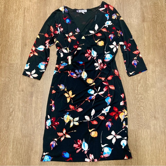 Jennifer Lopez Dresses & Skirts - Jennifer Lopez Black Floral Faux Wrap Dress Size Large 3/4 Length Sleeves
